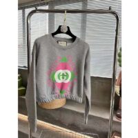 Gucci GG Women Cotton Jersey Sweatshirt Grey Heavy Felted Cotton Crewneck Long Sleeves (1)