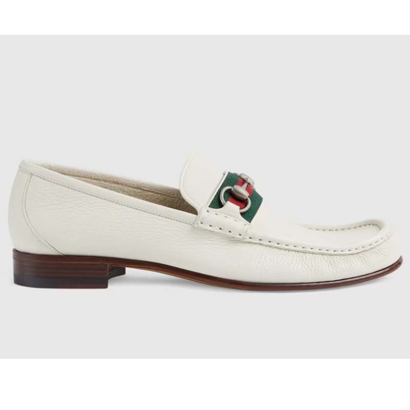 Gucci Men Horsebit Loafer White Square Toe Leather Sole Low Heel
