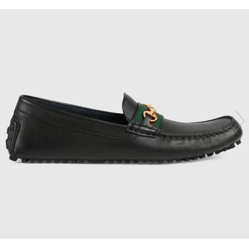 Gucci Men Leather Driver Web Black Soft Calf Enameled Interlocking G Horsebit