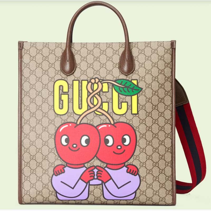 Gucci Unisex GG Cherry Print Medium Tote Beige Ebony GG Supreme Canvas