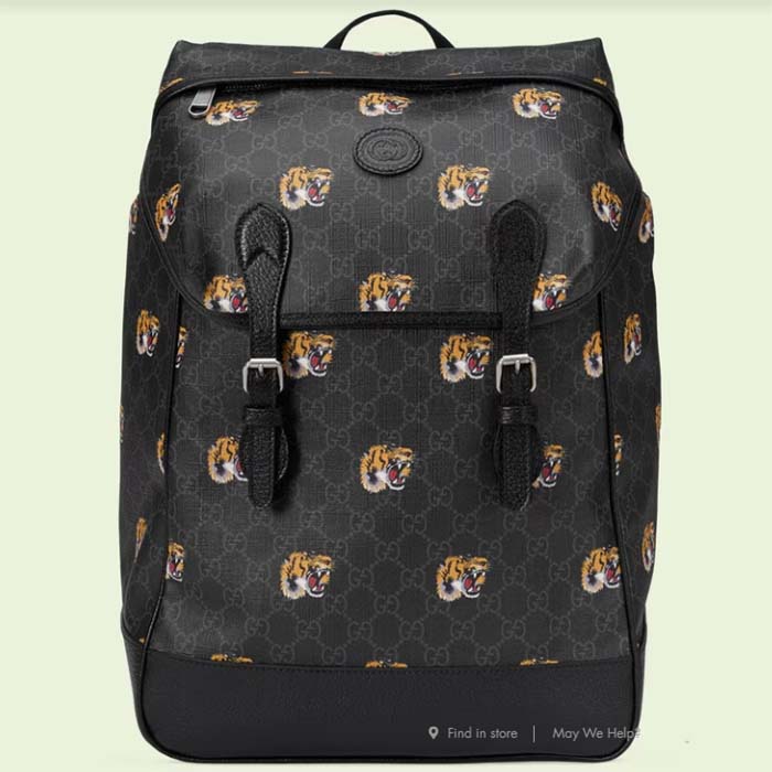 Gucci Unisex GG Medium Backpack Tiger Print Black GG Supreme Canvas