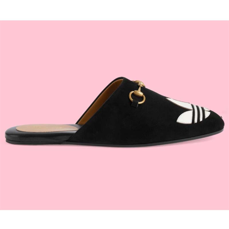 Gucci Women GG Adidas x Gucci Women's Trefoil Slipper Black Suede Flat