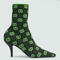 Gucci Women GG Knit Ankle Boots Black Green GG Technical Fabric Leather Mid-Heel