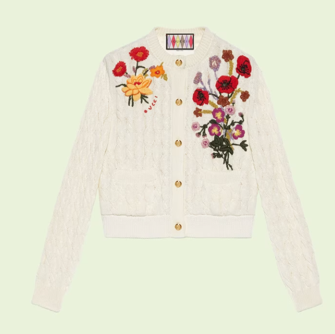 Gucci Women GG Lovelight Cotton Cardigan Embroidery White Floral Embroidery Crewneck