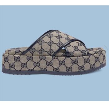 Gucci Women Platform Slide Sandal Beige Blue Original GG Canvas Rubber Sole Low Heel