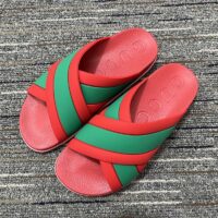 Gucci Women Web Slide Sandal Green Red Rubber Web Straps Rubber Sole Flat (9)