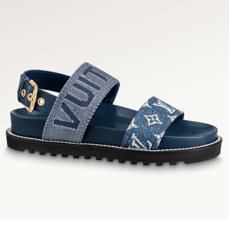 Louis Vuitton LV Women Paseo Flat Comfort Sandal Navy Blue Monogram Denim Calf