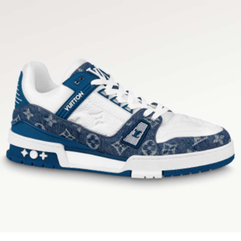 Louis Vuitton Unisex LV Trainer Sneaker Blue Monogram Denim Embossed Grained Calf Leather