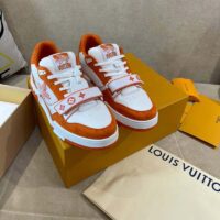 Louis Vuitton Unisex LV Trainer Sneaker Orange Monogram Denim Rubber Outsole Monogram Flowers (5)