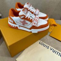 Louis Vuitton Unisex LV Trainer Sneaker Orange Monogram Denim Rubber Outsole Monogram Flowers (5)