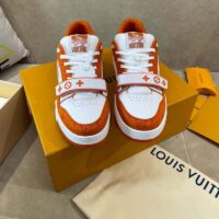 Louis Vuitton Unisex LV Trainer Sneaker Orange Monogram Denim Rubber Outsole Monogram Flowers (5)