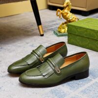 Gucci Men’s GG Loafer Mirrored G Dark Green Leather Fringe Low Heel (2)