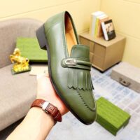 Gucci Men’s GG Loafer Mirrored G Dark Green Leather Fringe Low Heel (2)