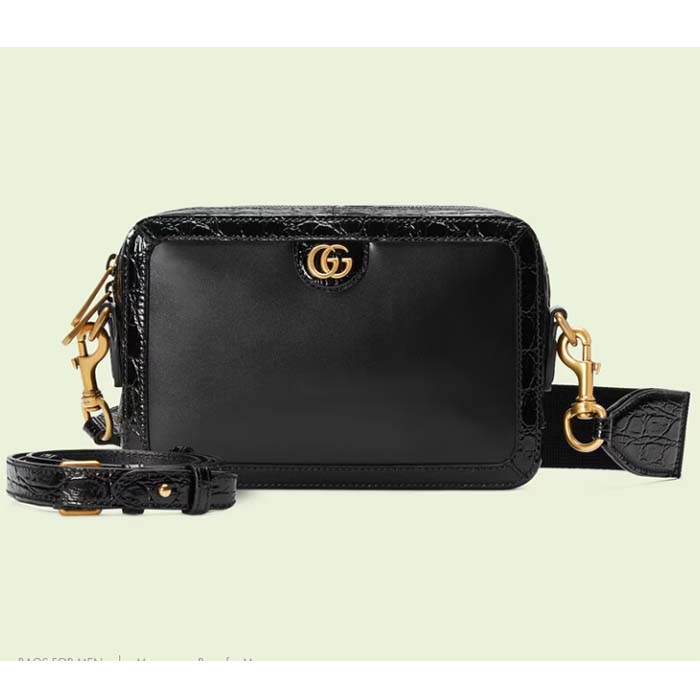 Gucci Unisex Crocodile Trim Shoulder Bag Double G Black Leather Zip Closure