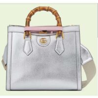 Gucci Women GG Diana Small Tote Bag Silver Lamé Leather Double G (2)