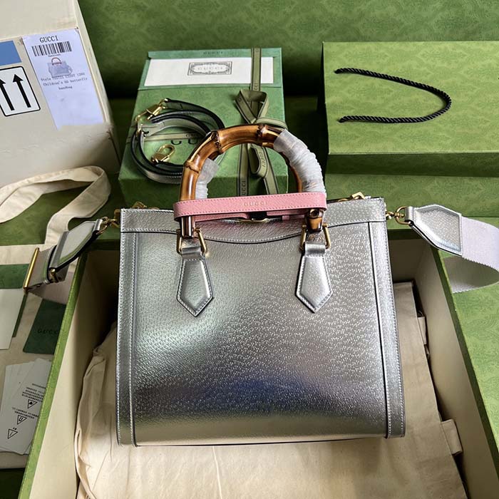 Gucci Women GG Diana Small Tote Bag Silver Lamé Leather Double G (9)
