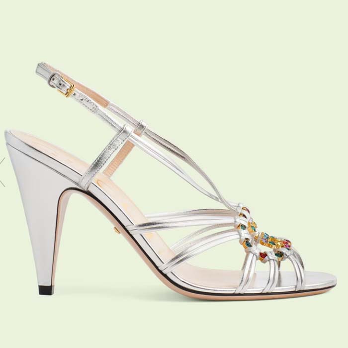 Gucci Women GG Sandal Interlocking G Silver Metallic Leather High 9 Cm Heel