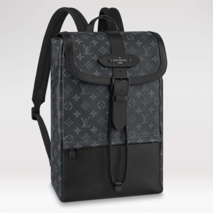 Louis Vuitton Unisex Saumur Backpack Monogram Eclipse Coated Canvas Black Cowhide Leather