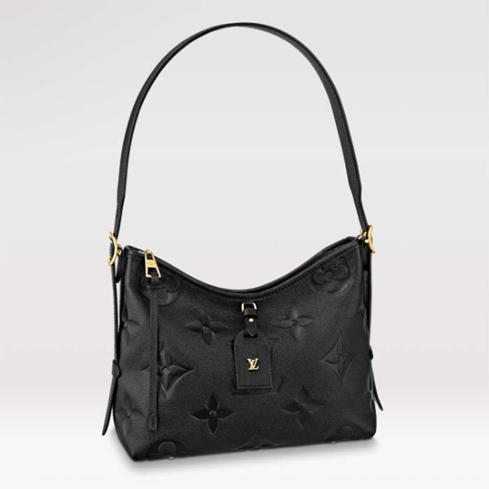 Louis Vuitton Women LV CarryAll PM Handbag Black Embossed Supple Grained Cowhide