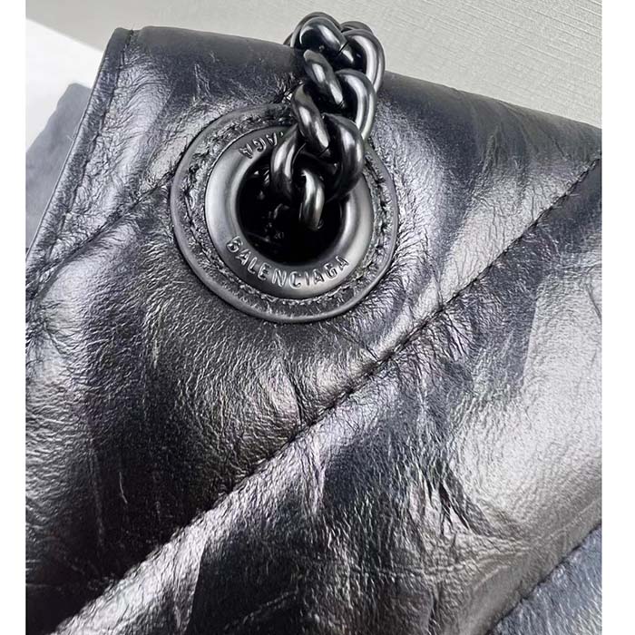 Balenciaga Women Crush Small Chain Bag Quilted Black Crushed Calfskin Black Matte Hardware (5)