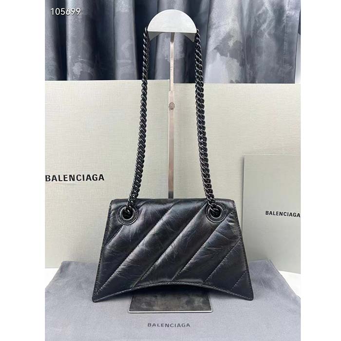Balenciaga Women Crush Small Chain Bag Quilted Black Crushed Calfskin Black Matte Hardware (8)