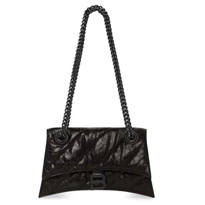 Balenciaga Women Crush Small Chain Bag Quilted Black Crushed Calfskin Black Matte Hardware