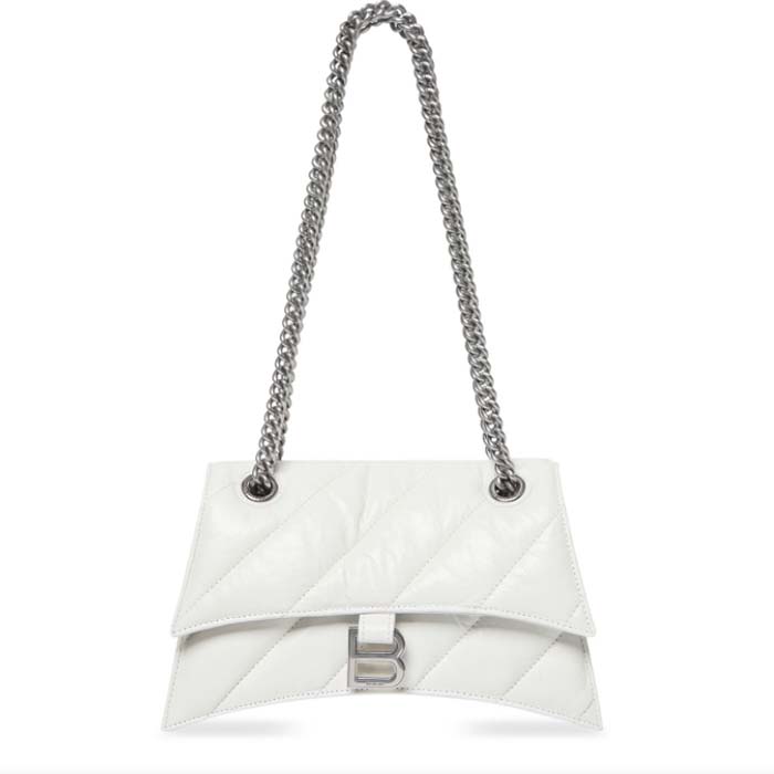 Balenciaga Women Crush Small Chain Bag Quilted White Crushed Calfskin Aged-Silver Hardware