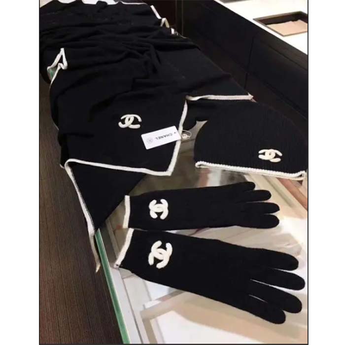 Chanel Unisex CC A Set of Ahead Beanie Gloves Scarf White Black One Size (2)