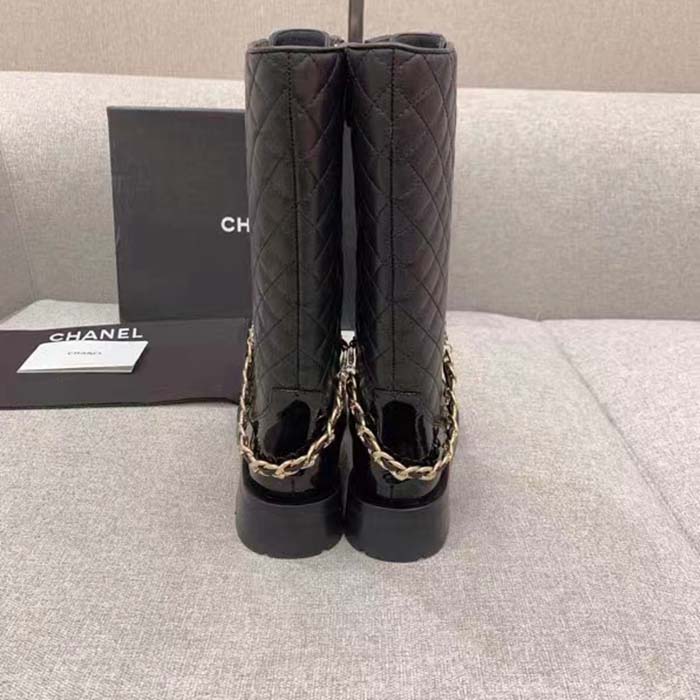 Chanel Women CC Lace-Ups Boots Lambskin & Grained Calfskin Black 4 Cm Heel (10)