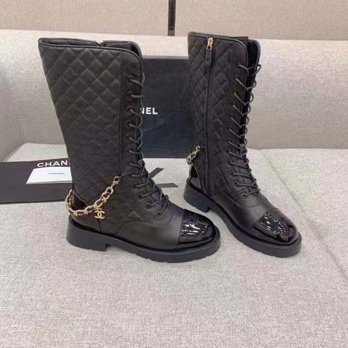 Chanel Women CC Lace-Ups Boots Lambskin & Grained Calfskin Black 4 Cm Heel (2)