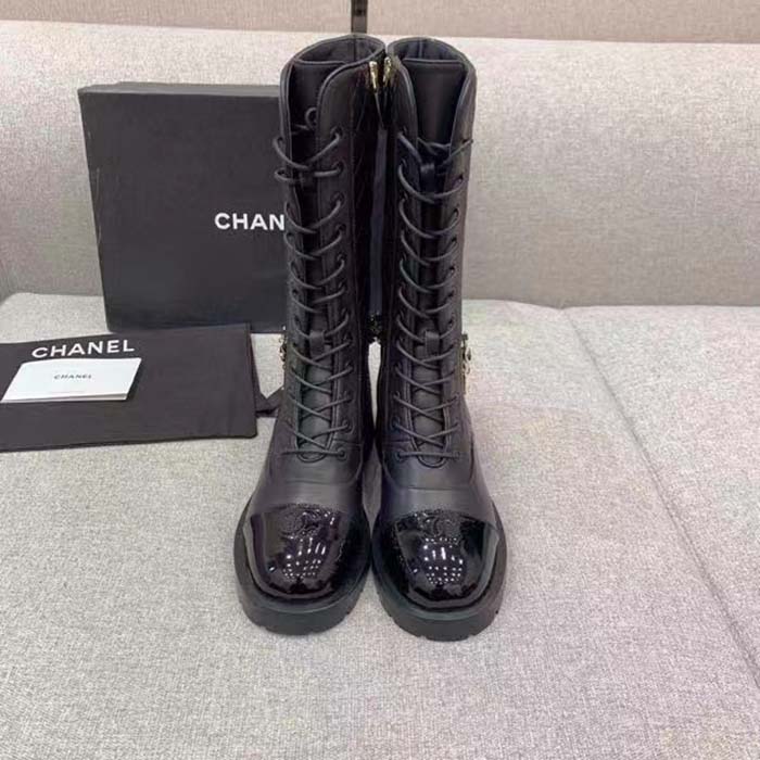 Chanel Women CC Lace-Ups Boots Lambskin & Grained Calfskin Black 4 Cm Heel (4)