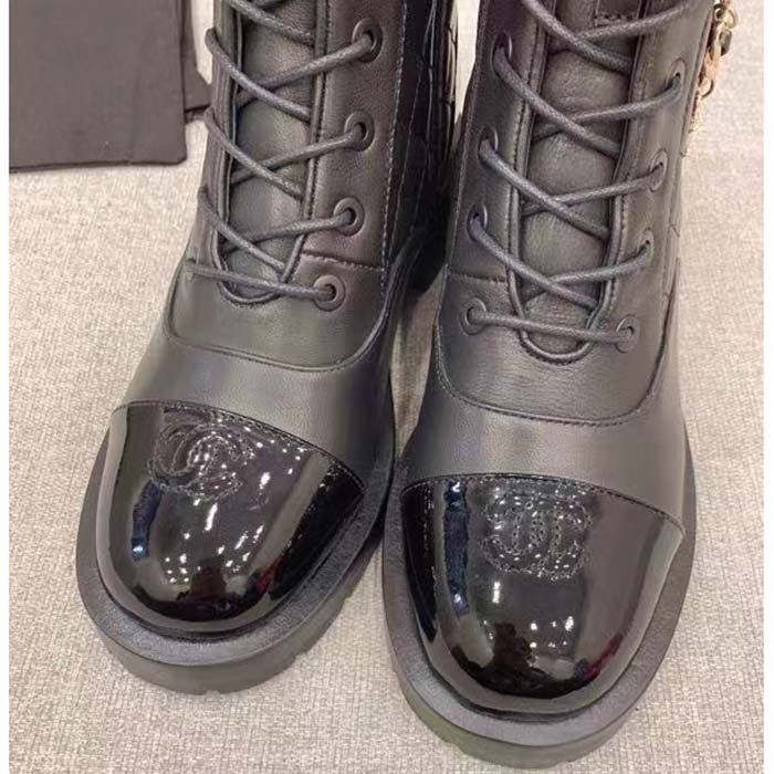 Chanel Women CC Lace-Ups Boots Lambskin & Grained Calfskin Black 4 Cm Heel (5)