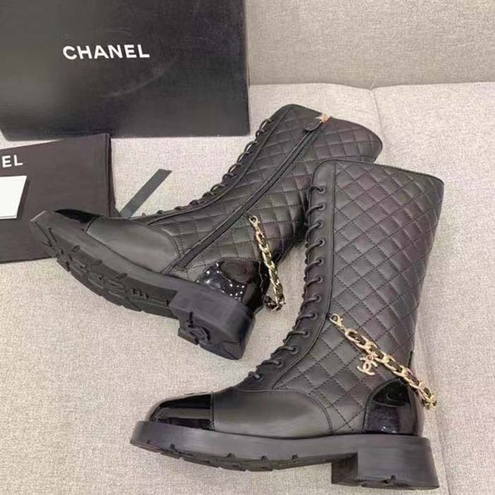 Chanel Women CC Lace-Ups Boots Lambskin & Grained Calfskin Black 4 Cm Heel (6)