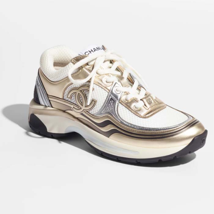 Chanel Women CC Sneakers Fabric Laminated White Gold Silver 1 Cm Heel