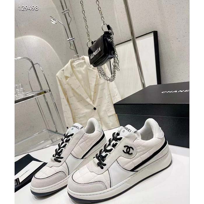 Chanel Women CC Sneakers Fabric Suede Calfskin Calfskin White Light Gray (7)