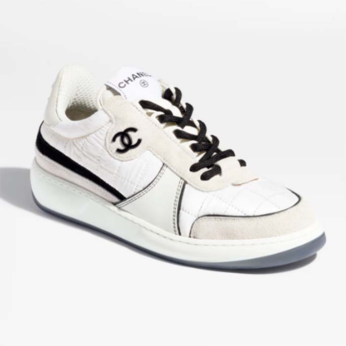 Chanel Women CC Sneakers Fabric Suede Calfskin Calfskin White Light Gray