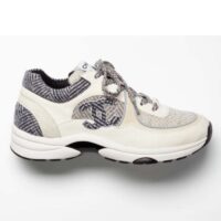 Chanel Women CC Sneakers Fabric & Suede Calfskin Ivory Light Gray & White 1 Cm Heel (7)