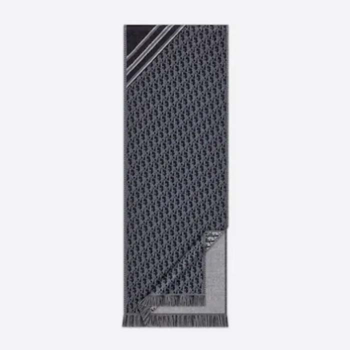 Dior Unisex CD Oblique Scarf Black Gray Wool Fringed Edging Wool