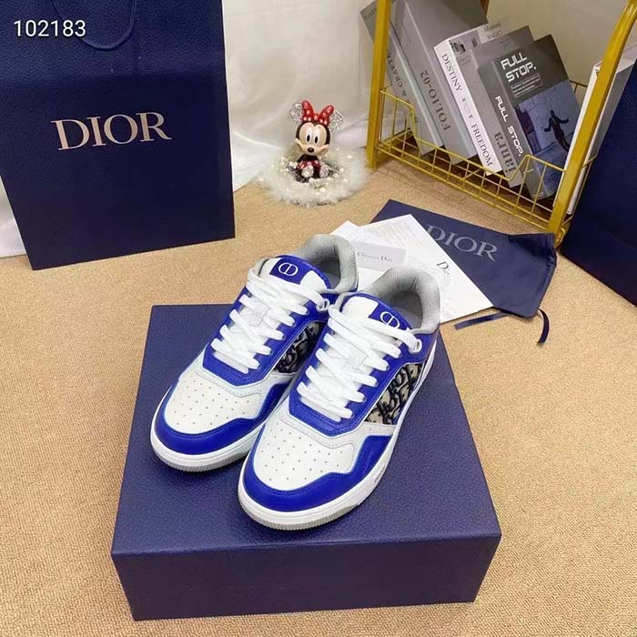 Dior Unisex Shoes CD B27 Low-Top Sneaker Blue Gray White Smooth Calfskin Oblique Jacquard (2)