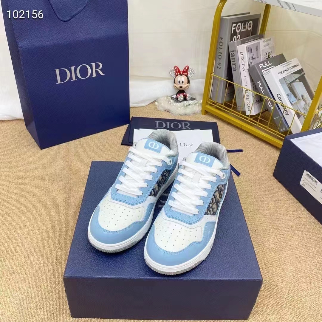 Dior Unisex Shoes CD B27 Low-Top Sneaker Light Blue White Gray Smooth Calfskin Oblique Jacquard (5)