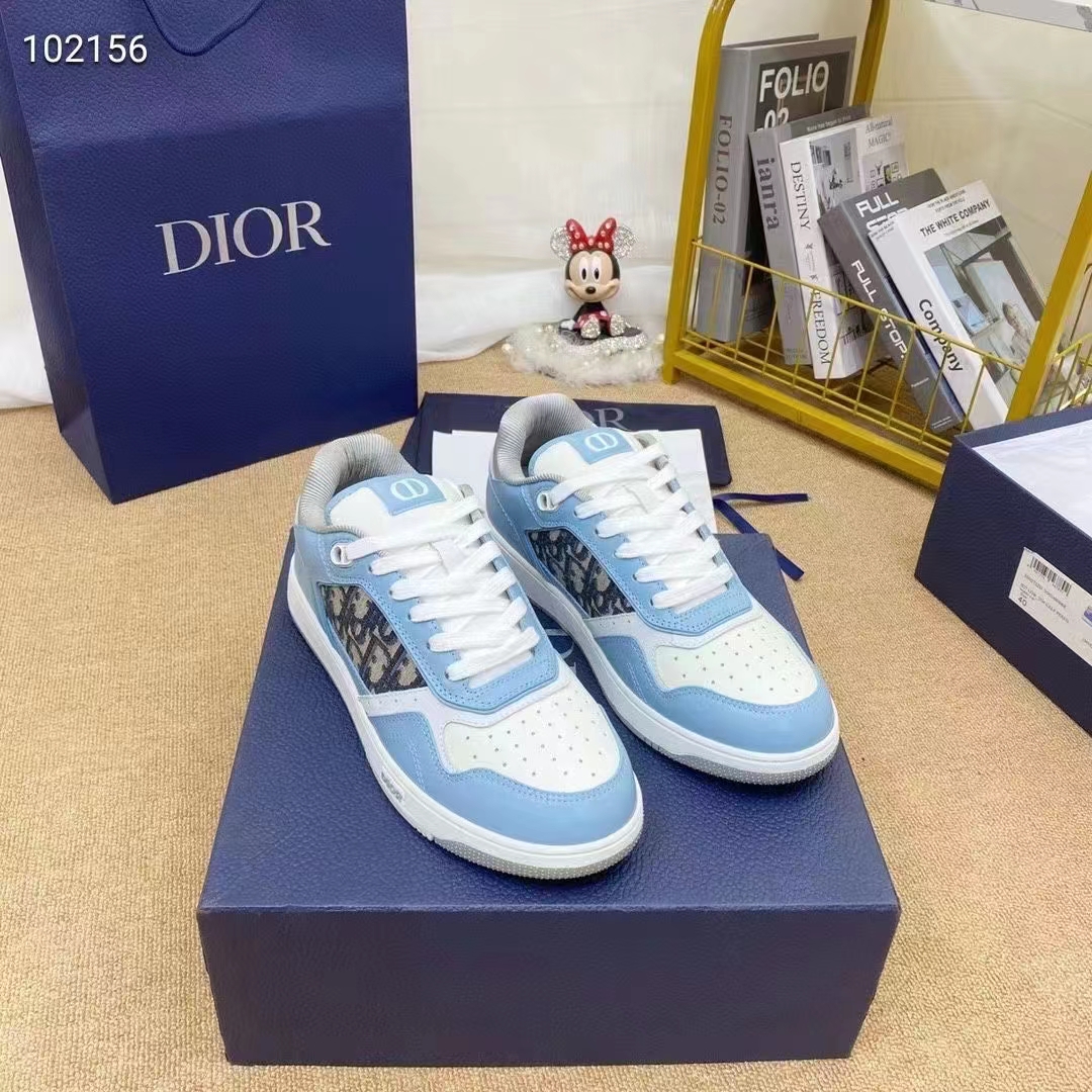 Dior Unisex Shoes CD B27 Low-Top Sneaker Light Blue White Gray Smooth Calfskin Oblique Jacquard (6)