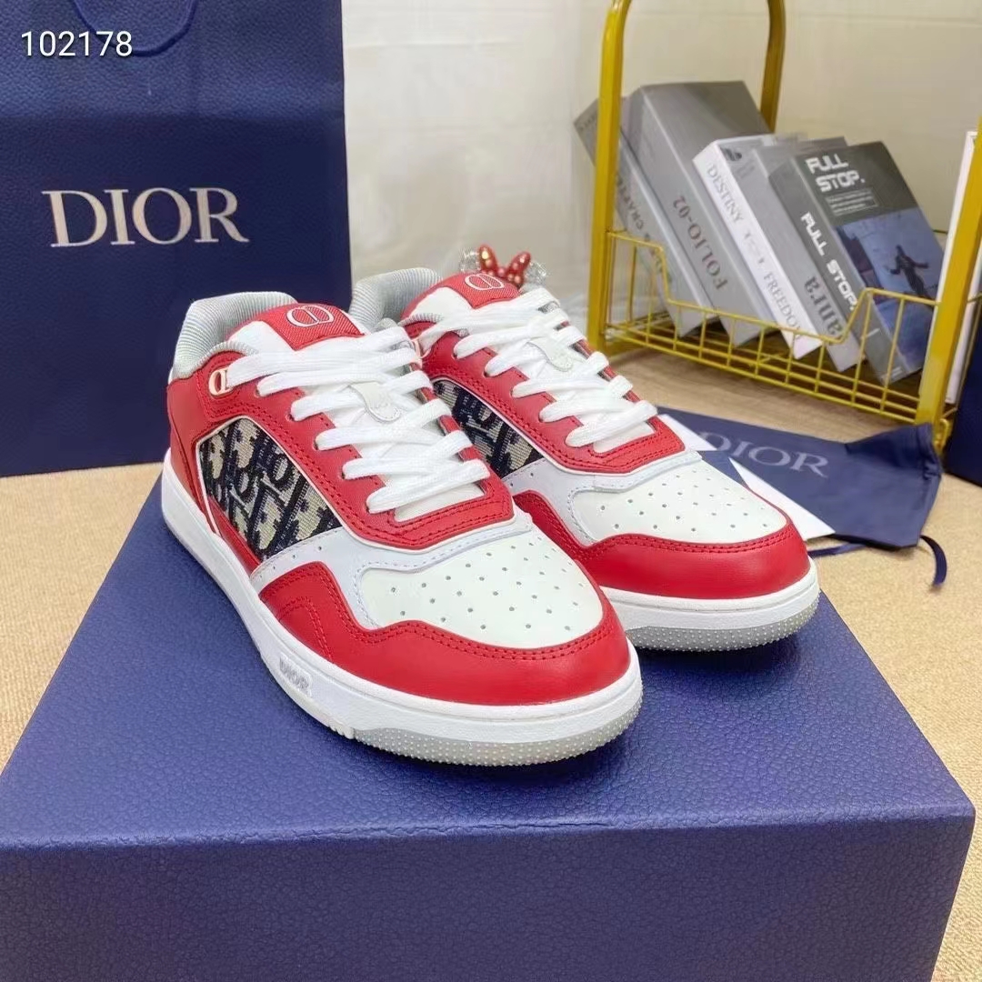 Dior Unisex Shoes CD B27 Low-Top Sneaker Red Gray White Smooth Calfskin Oblique Jacquard (11)