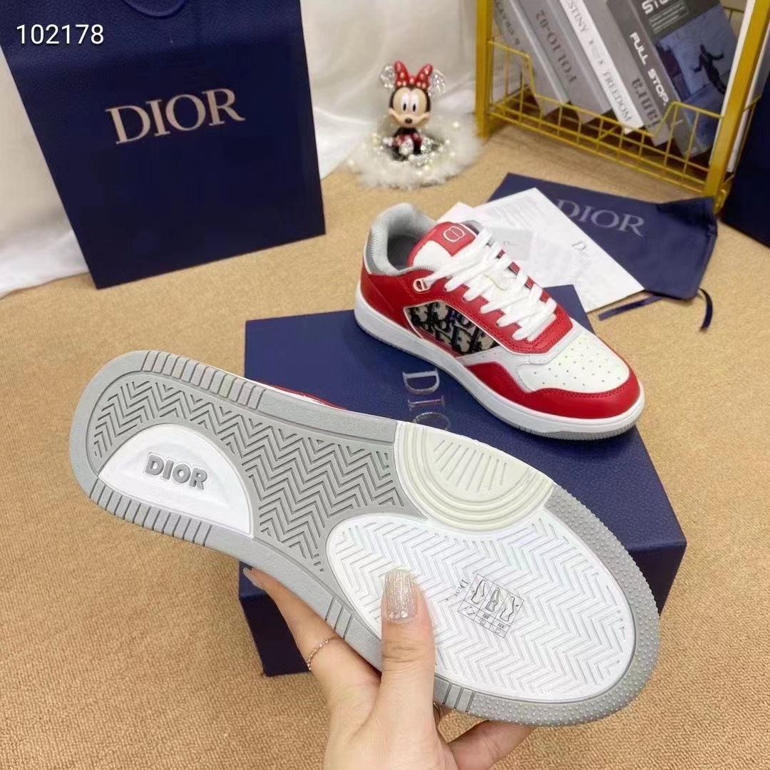 Dior Unisex Shoes CD B27 Low-Top Sneaker Red Gray White Smooth Calfskin Oblique Jacquard (12)