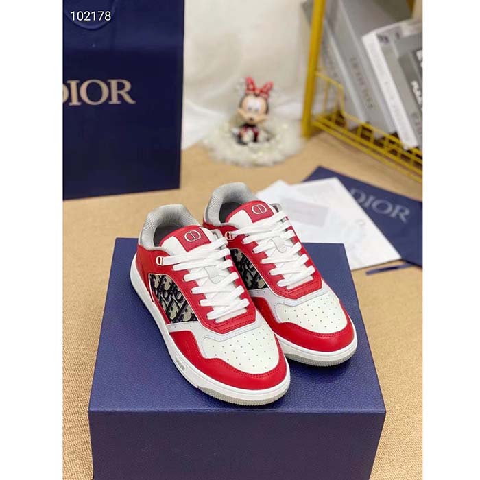 Dior Unisex Shoes CD B27 Low-Top Sneaker Red Gray White Smooth Calfskin Oblique Jacquard (2)