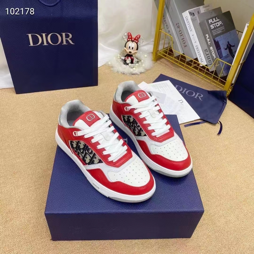 Dior Unisex Shoes CD B27 Low-Top Sneaker Red Gray White Smooth Calfskin Oblique Jacquard (3)