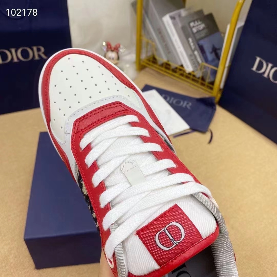Dior Unisex Shoes CD B27 Low-Top Sneaker Red Gray White Smooth Calfskin Oblique Jacquard (4)