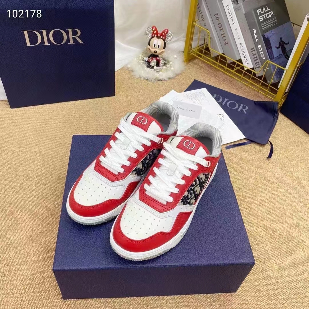 Dior Unisex Shoes CD B27 Low-Top Sneaker Red Gray White Smooth Calfskin Oblique Jacquard (5)