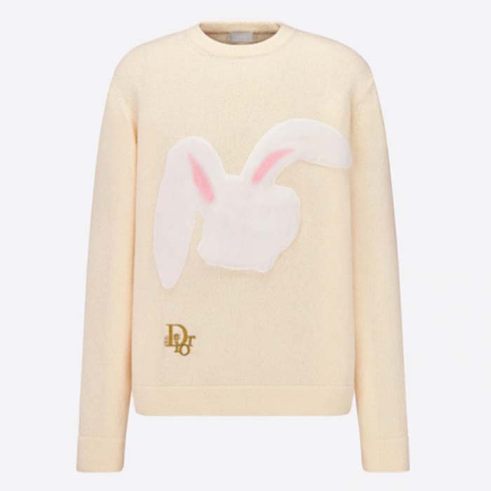 Dior Women CD By Erl Sweater Rabbit Patch Beige Cotton-Blend Jersey Round Neck