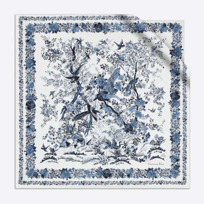 Dior Women CD Dior Jardin D'Hiver 90 Square Scarf Ivory Blue Silk Twill