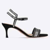 Dior Women CD Dway Heeled Sandal Black Cotton Embroidered Thread Silver-Tone Strass (1)